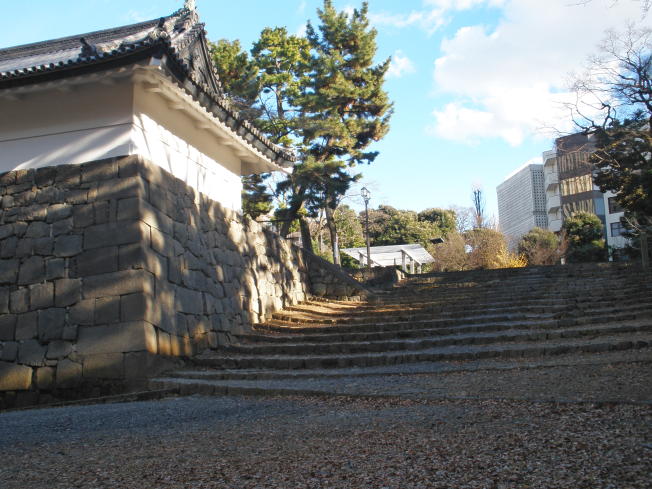 Looking up at the stone steps from below